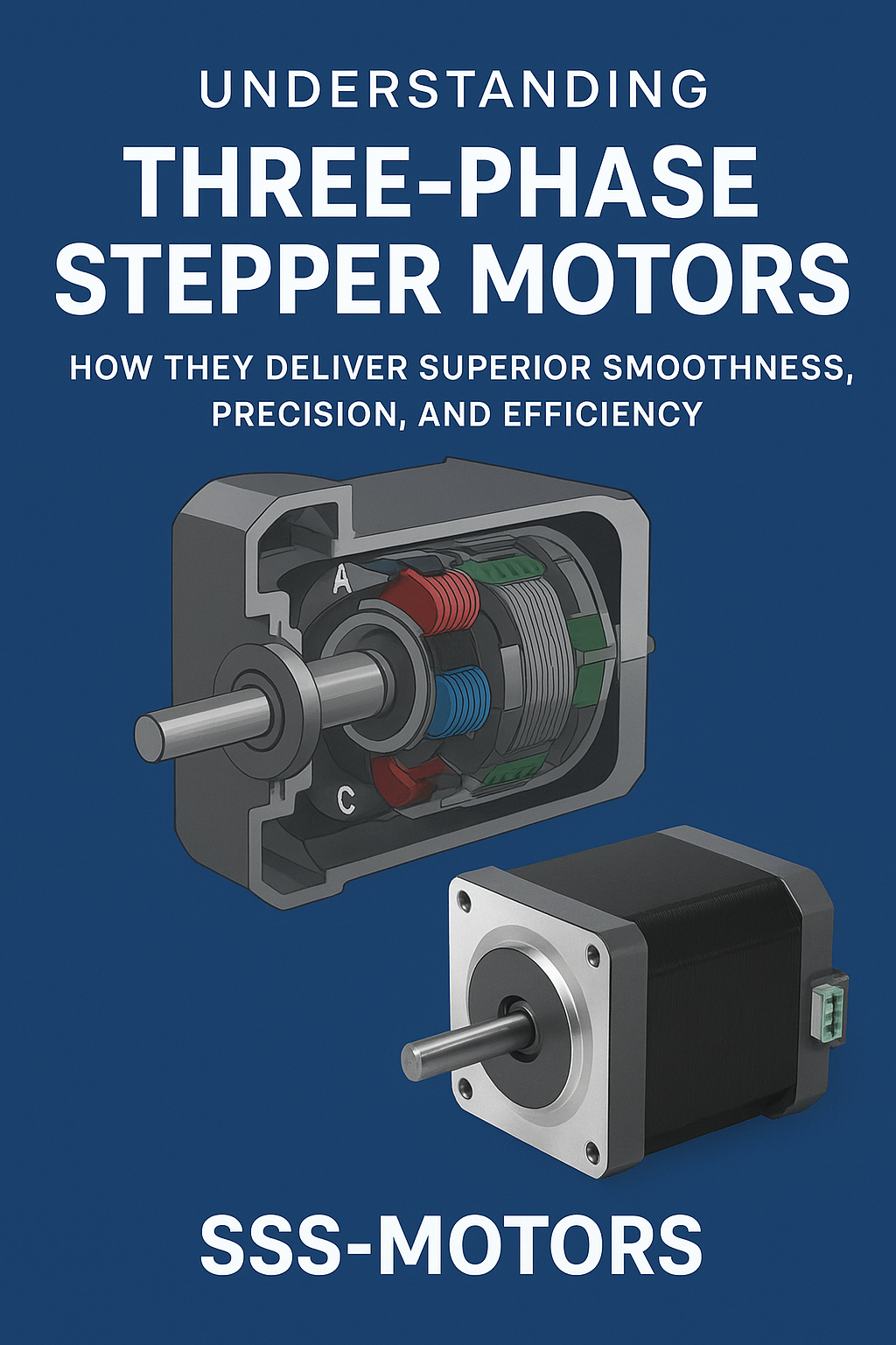 Three-phase stepper motor illustration showing 120-degree phase coils and NEMA 17 model – SSS-Motors