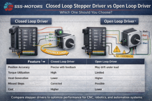 Closed Loop Stepper Driver vs Open Loop Stepper Driver comparison with wiring, encoder feedback, torque, accuracy, and cost differences for industrial motion control.