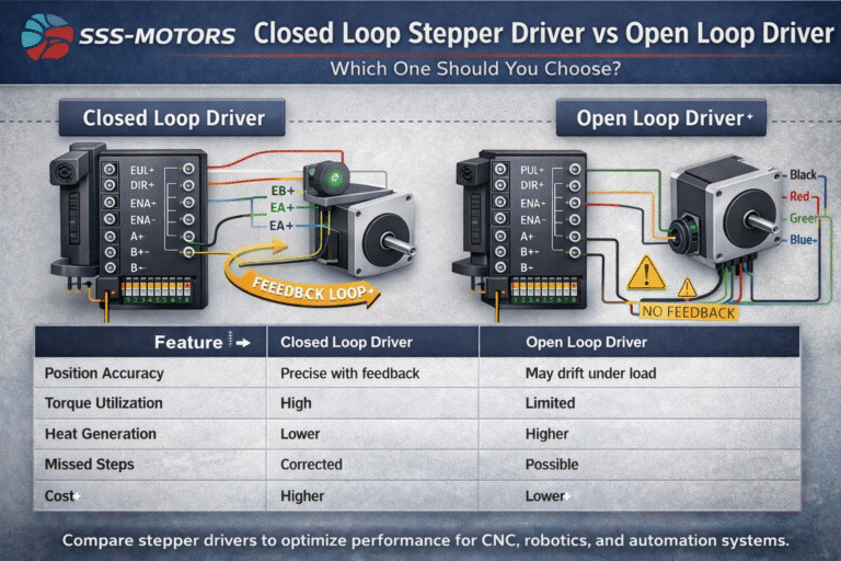 Closed Loop Stepper Driver vs Open Loop Stepper Driver comparison with wiring, encoder feedback, torque, accuracy, and cost differences for industrial motion control.