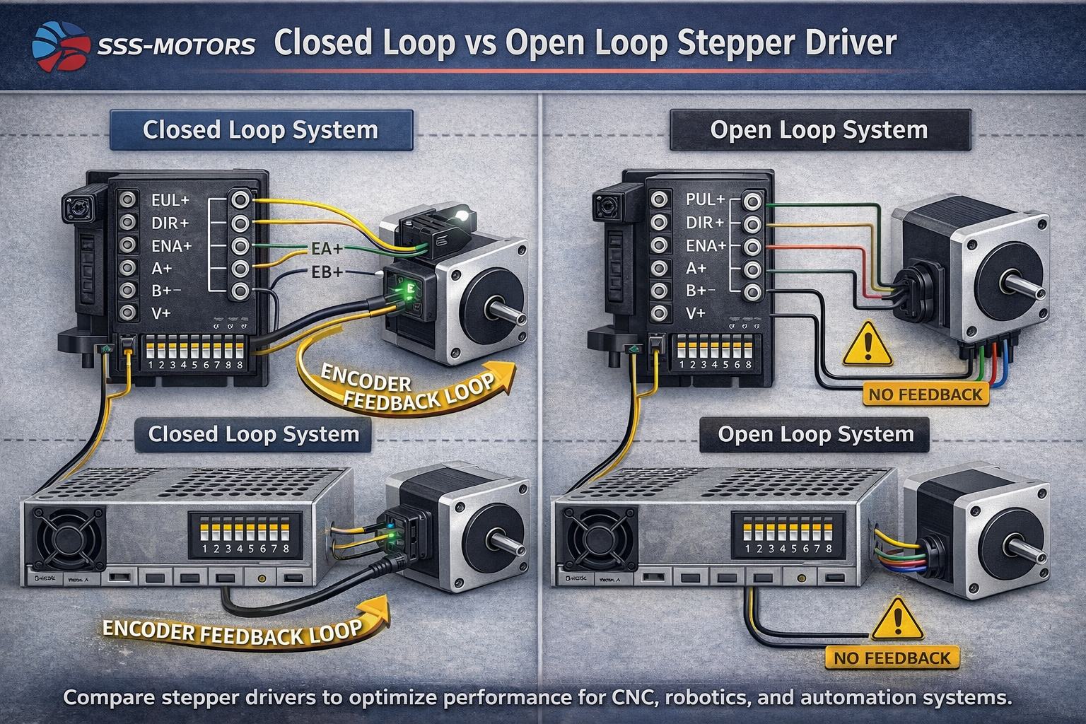 Closed Loop vs Open Loop Stepper Driver Wiring Diagram – SSS-Motors Closed Loop vs Open Loop Stepper Driver wiring diagram with encoder feedback, motor connections, controller signals, and current settings for industrial motion control.