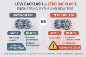 Comparison of low backlash and zero backlash gear systems, focusing on myths and realities regarding performance, durability, friction, and cost.