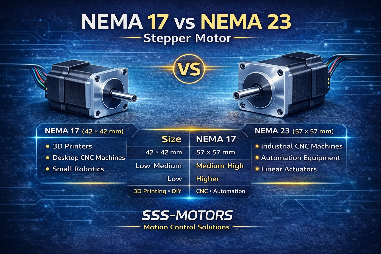 NEMA 17 vs NEMA 23 stepper motor comparison showing size, torque and applications