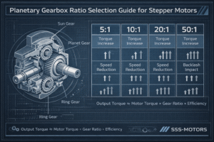 planetary gearbox ratio selection guide showing 5:1 10:1 20:1 and 50:1 planetary gearboxes for stepper motors