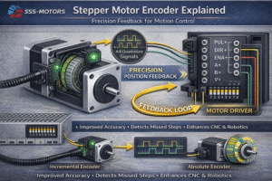 Stepper Motor Encoder Explained infographic showing incremental and absolute encoders, feedback loop, motor connections, and driver signals for precise motion control in CNC and robotics.