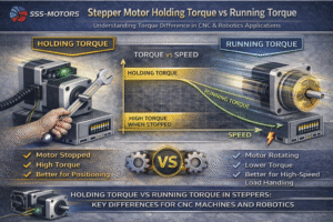 Stepper Motor Holding Torque vs Running Torque comparison infographic showing torque behavior in stationary and moving states for CNC, robotics, and automation.