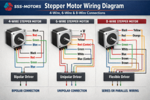 Stepper motor wiring diagram for 4 wire, 6 wire and 8 wire stepper motors showing bipolar and unipolar driver connections