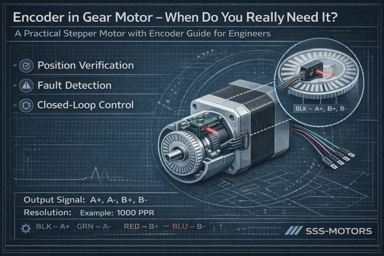 stepper motor with encoder guide showing encoder signals and closed-loop control in a planetary gear motor
