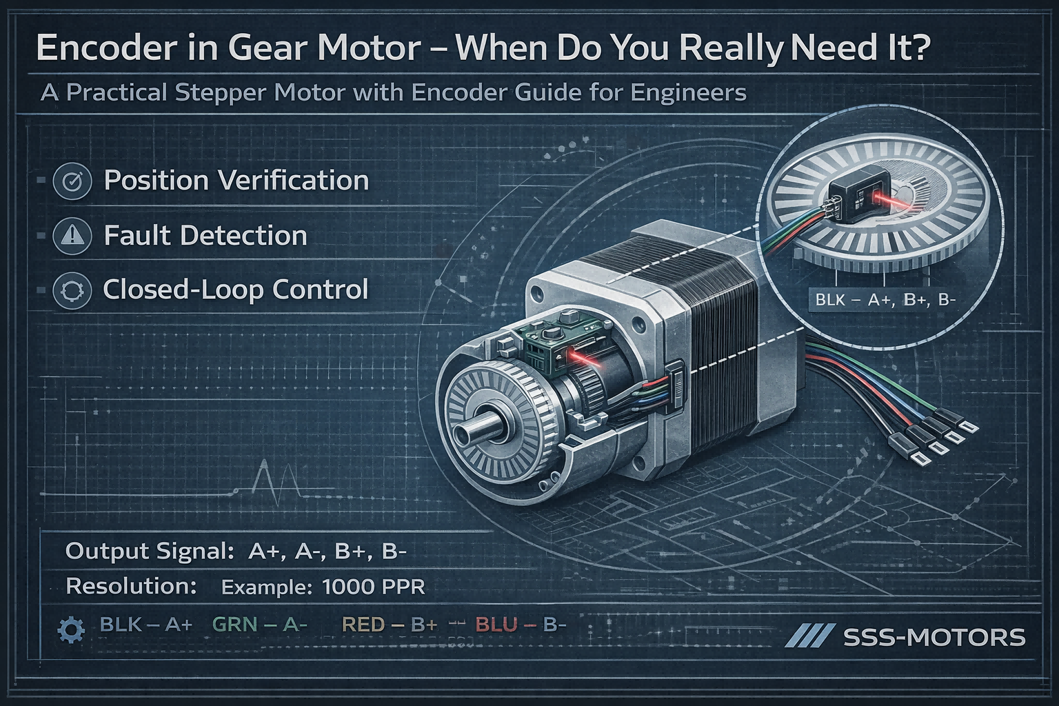 stepper motor with encoder guide showing encoder signals and closed-loop control in a planetary gear motor