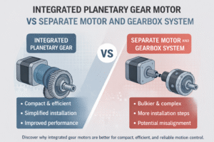 Comparison between integrated planetary gear motor and separate motor and gearbox system, highlighting space efficiency, performance, and installation ease.