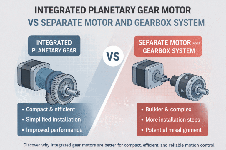 Comparison between integrated planetary gear motor and separate motor and gearbox system, highlighting space efficiency, performance, and installation ease.