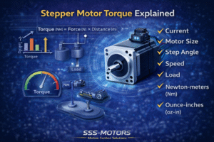 Stepper motor torque explained with visual factors like current, motor size, step angle, and load