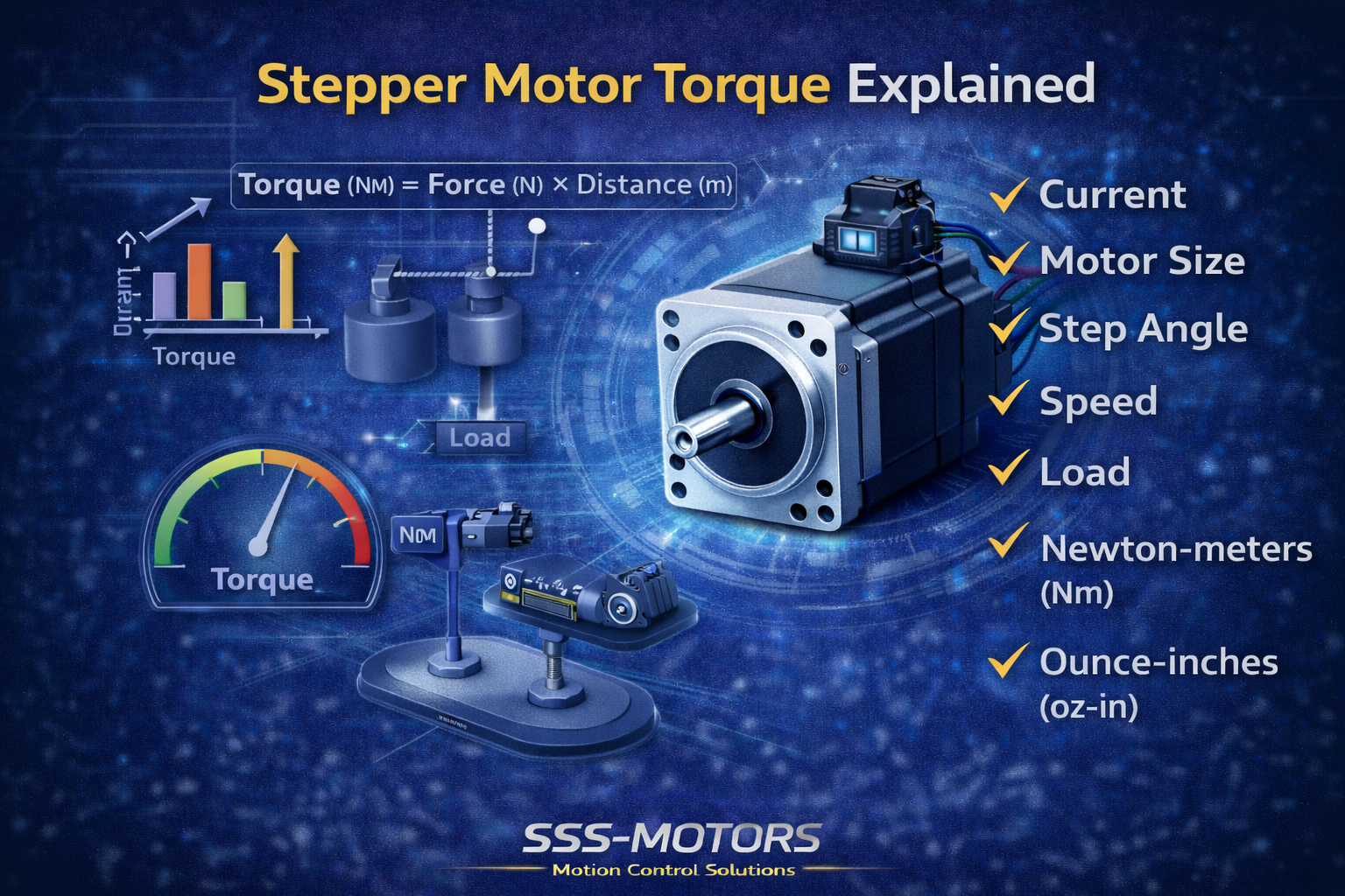 Stepper motor torque explained with visual factors like current, motor size, step angle, and load