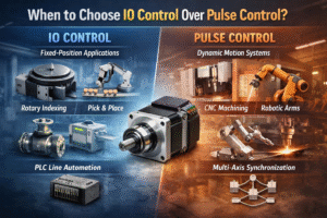 IO control vs pulse control comparison for closed-loop stepper motor applications, showing fixed-position automation and dynamic multi-axis motion systems