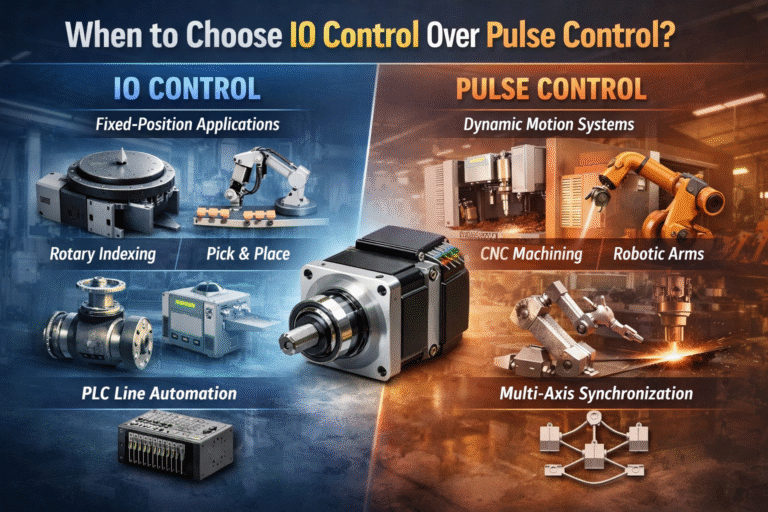 IO control vs pulse control comparison for closed-loop stepper motor applications, showing fixed-position automation and dynamic multi-axis motion systems