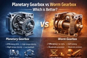 Planetary Gearbox vs Worm Gearbox comparison showing efficiency, torque density, backlash and self-locking differences